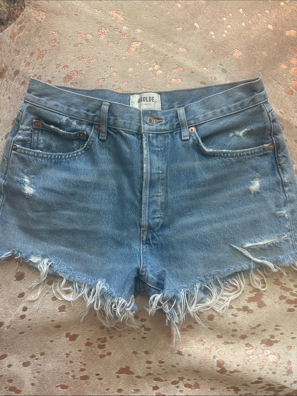 Agolde Light Blue Frayed Hem Denim Cutoff Shorts